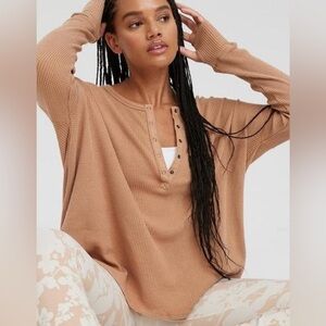 Aerie Waffle Knit Henley Long Sleeve Top Brown, size XL, like new!